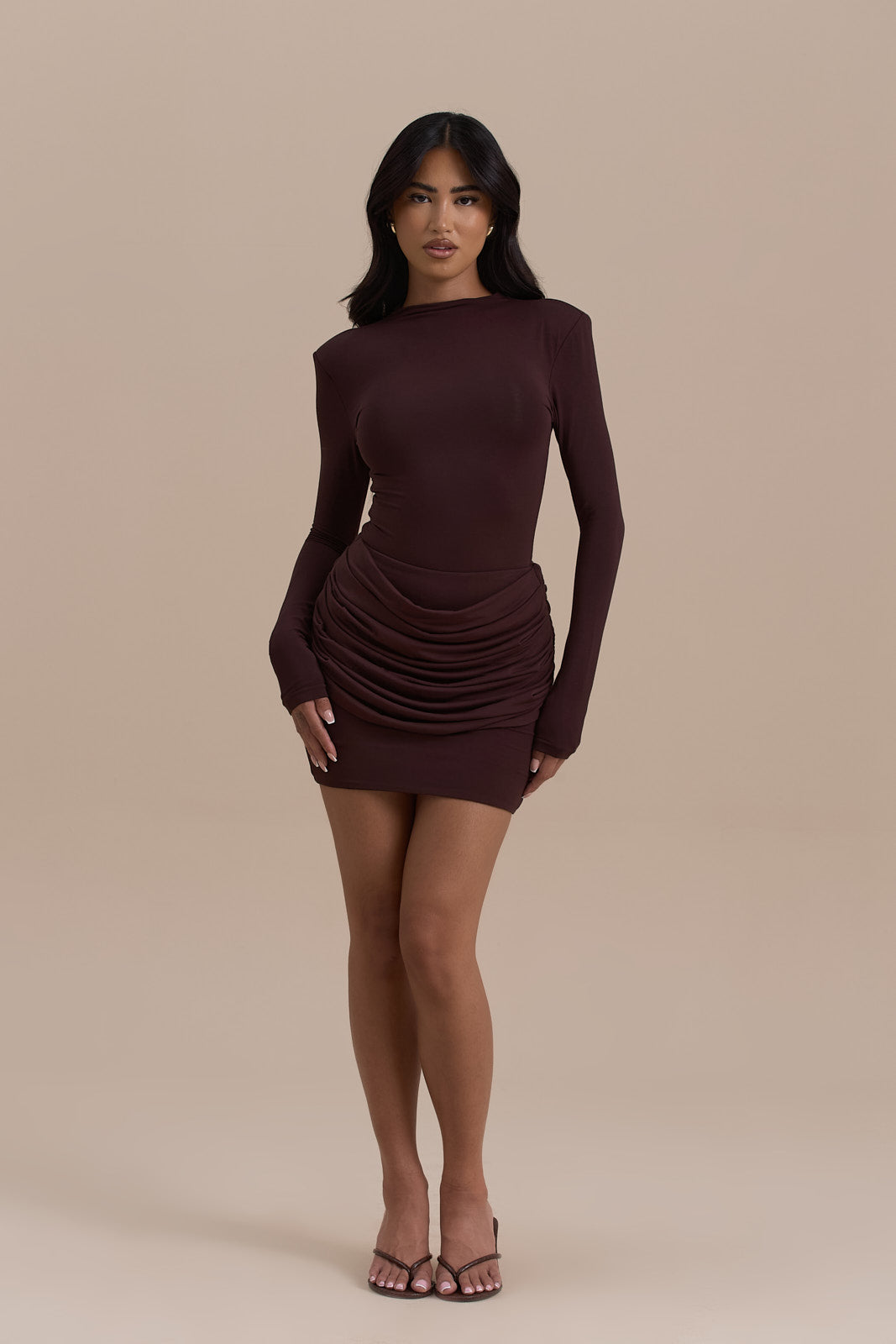 ASHTIN MINI SKIRT WITH DRAPED RUCHED FRONT DETAIL | ESPRESSO