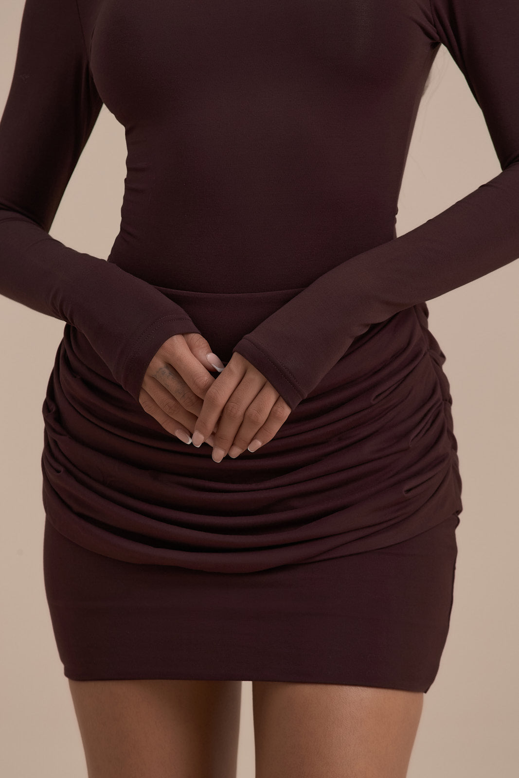 ASHTIN MINI SKIRT WITH DRAPED RUCHED FRONT DETAIL | ESPRESSO