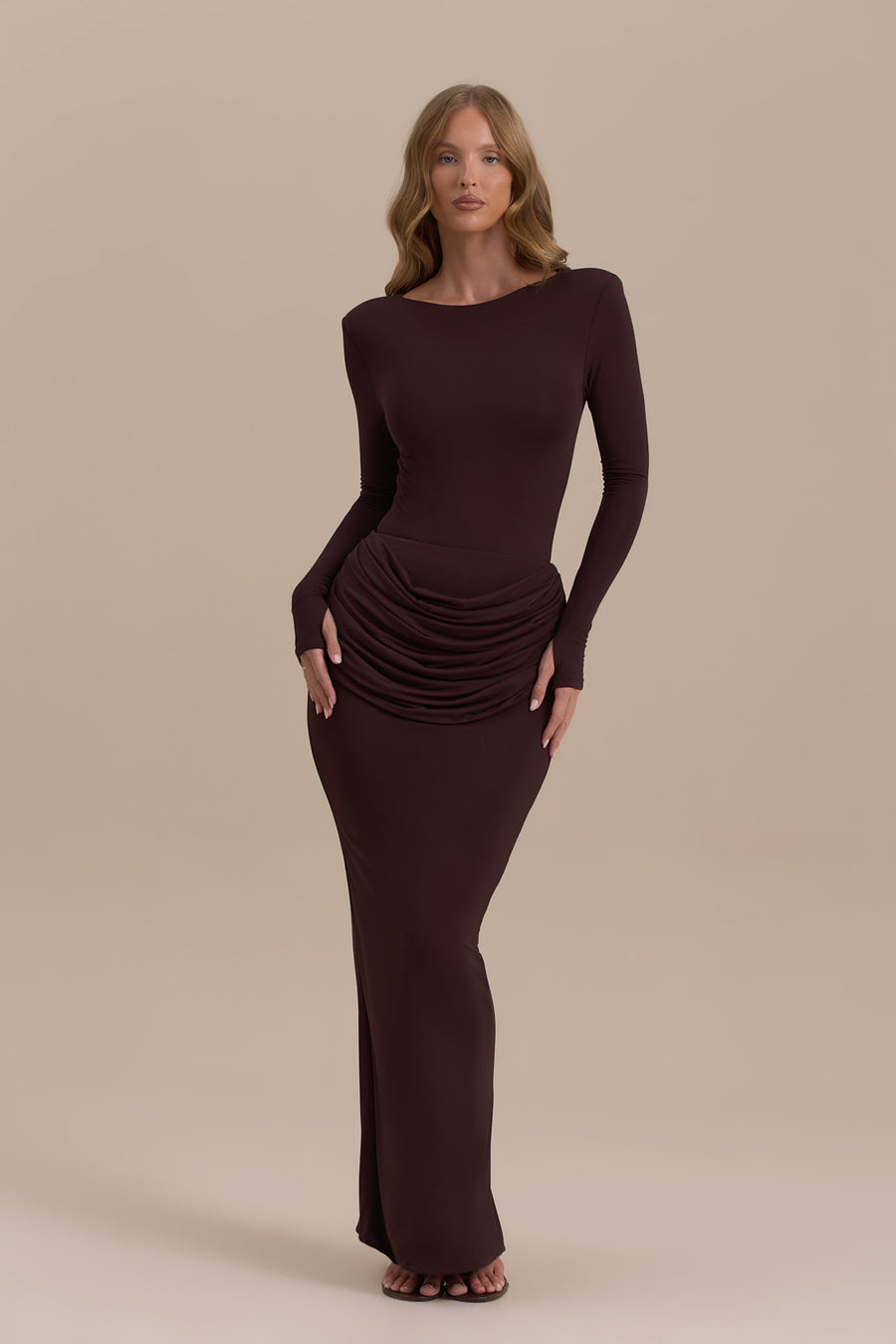 ASHTIN MAXI SKIRT WITH DRAPED RUCHED FRONT DETAIL | ESPRESSO