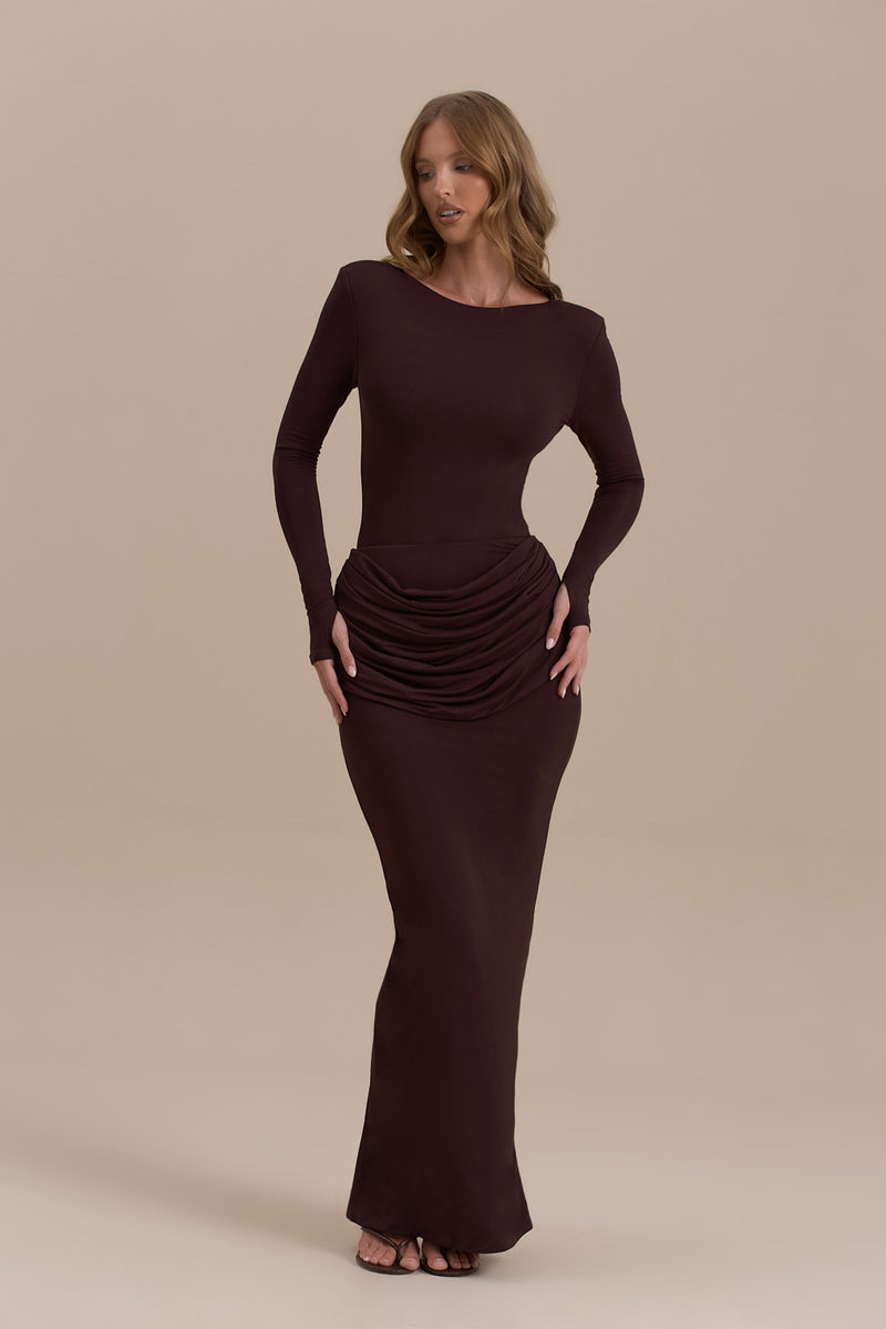 ASHTIN MAXI SKIRT WITH DRAPED RUCHED FRONT DETAIL | ESPRESSO