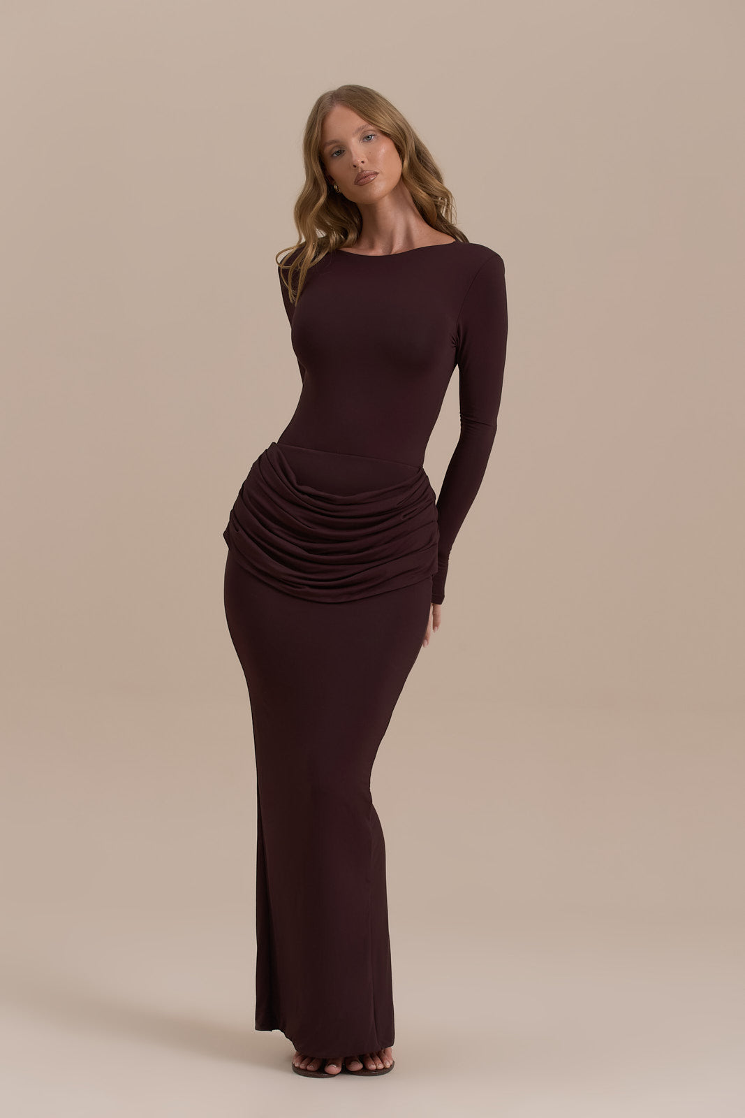 ASHTIN MAXI SKIRT WITH DRAPED RUCHED FRONT DETAIL | ESPRESSO