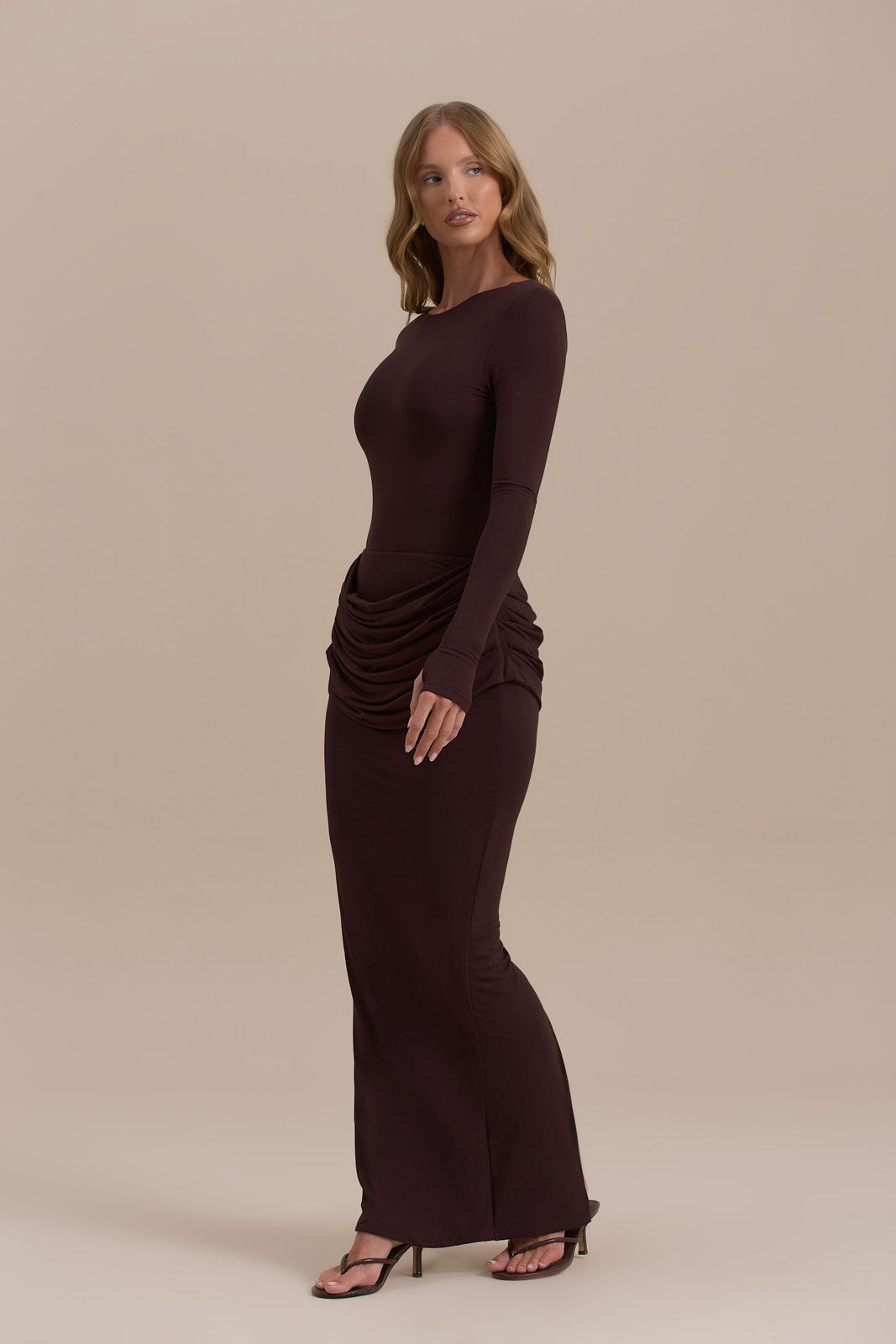 ASHTIN MAXI SKIRT WITH DRAPED RUCHED FRONT DETAIL | ESPRESSO