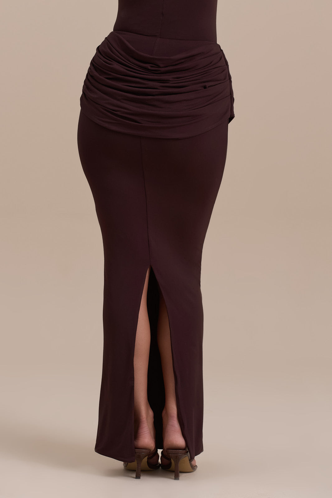 ASHTIN MAXI SKIRT WITH DRAPED RUCHED FRONT DETAIL | ESPRESSO