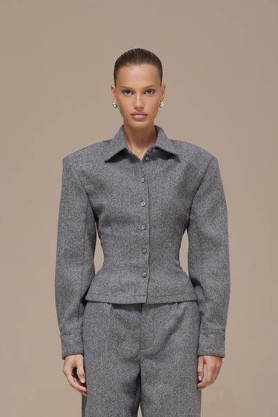 BLAIR BUTTON UP REMOVABLE SHOULDER PAD SHIRT | GREY