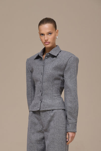 BLAIR BUTTON UP REMOVABLE SHOULDER PAD SHIRT | GREY