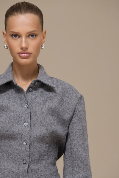 BLAIR BUTTON UP REMOVABLE SHOULDER PAD SHIRT | GREY