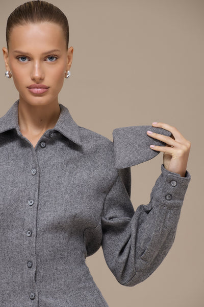 BLAIR BUTTON UP REMOVABLE SHOULDER PAD SHIRT | GREY