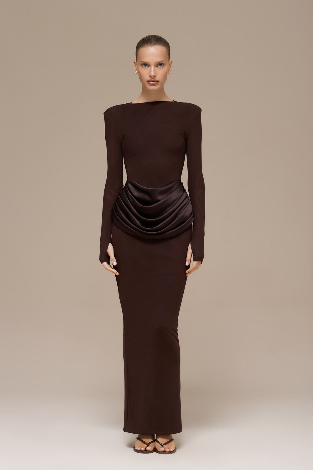 EMAN LONG SLEEVE MAXI DRESS WITH SATIN DRAPED WAIST DETAIL | CHOCOLATE