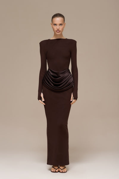 EMAN LONG SLEEVE MAXI DRESS | CHOCOLATE