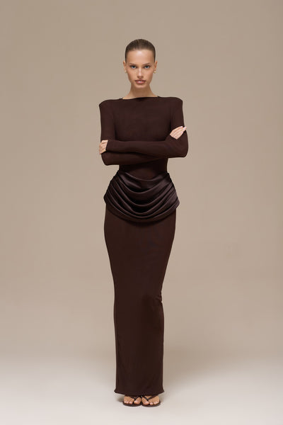 EMAN LONG SLEEVE MAXI DRESS | CHOCOLATE