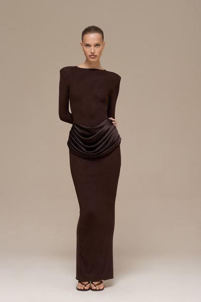 EMAN LONG SLEEVE MAXI DRESS | CHOCOLATE