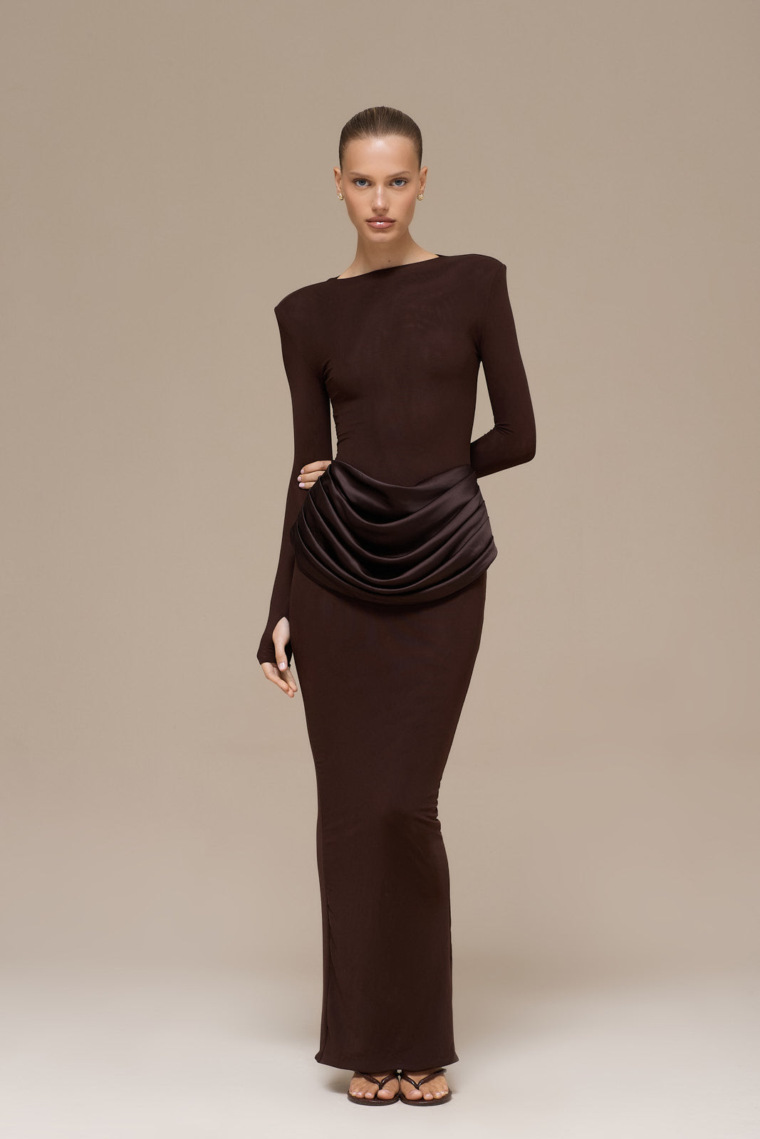EMAN LONG SLEEVE MAXI DRESS WITH SATIN DRAPED WAIST DETAIL | CHOCOLATE