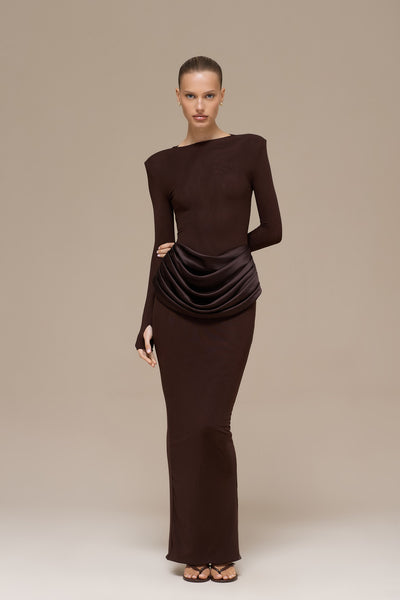 EMAN LONG SLEEVE MAXI DRESS | CHOCOLATE
