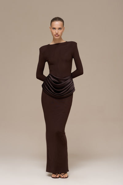 EMAN LONG SLEEVE MAXI DRESS | CHOCOLATE