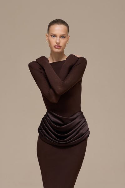 EMAN LONG SLEEVE MAXI DRESS | CHOCOLATE