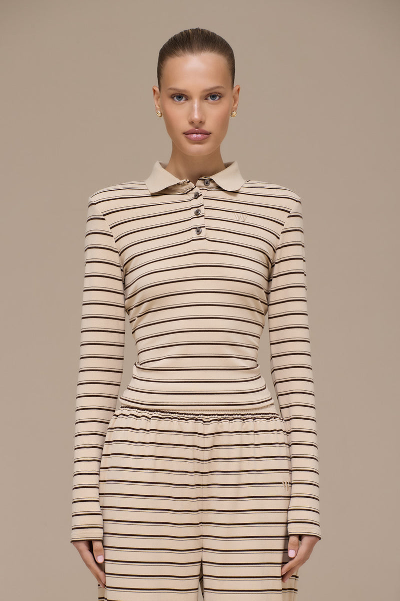 FRANKIE LONG SLEEVE POLO TOP | BEIGE STRIPE