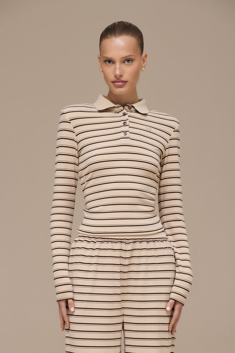 FRANKIE LONG SLEEVE POLO TOP | BEIGE STRIPE