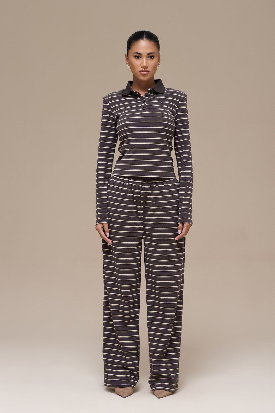 FRANKIE LONG SLEEVE POLO TOP | GREY STRIPE