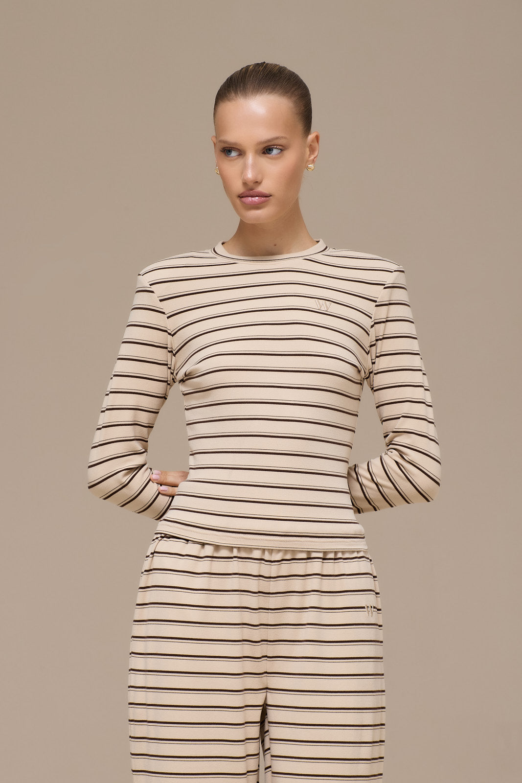FRANKIE LONG SLEEVE ROUND NECK TOP | BEIGE STRIPE