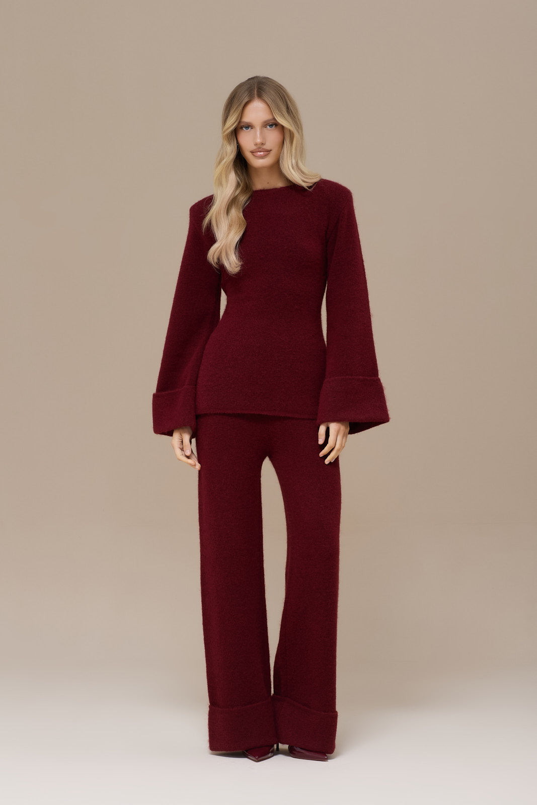 RHYLA TURN UP KNITTED TROUSERS | WINE