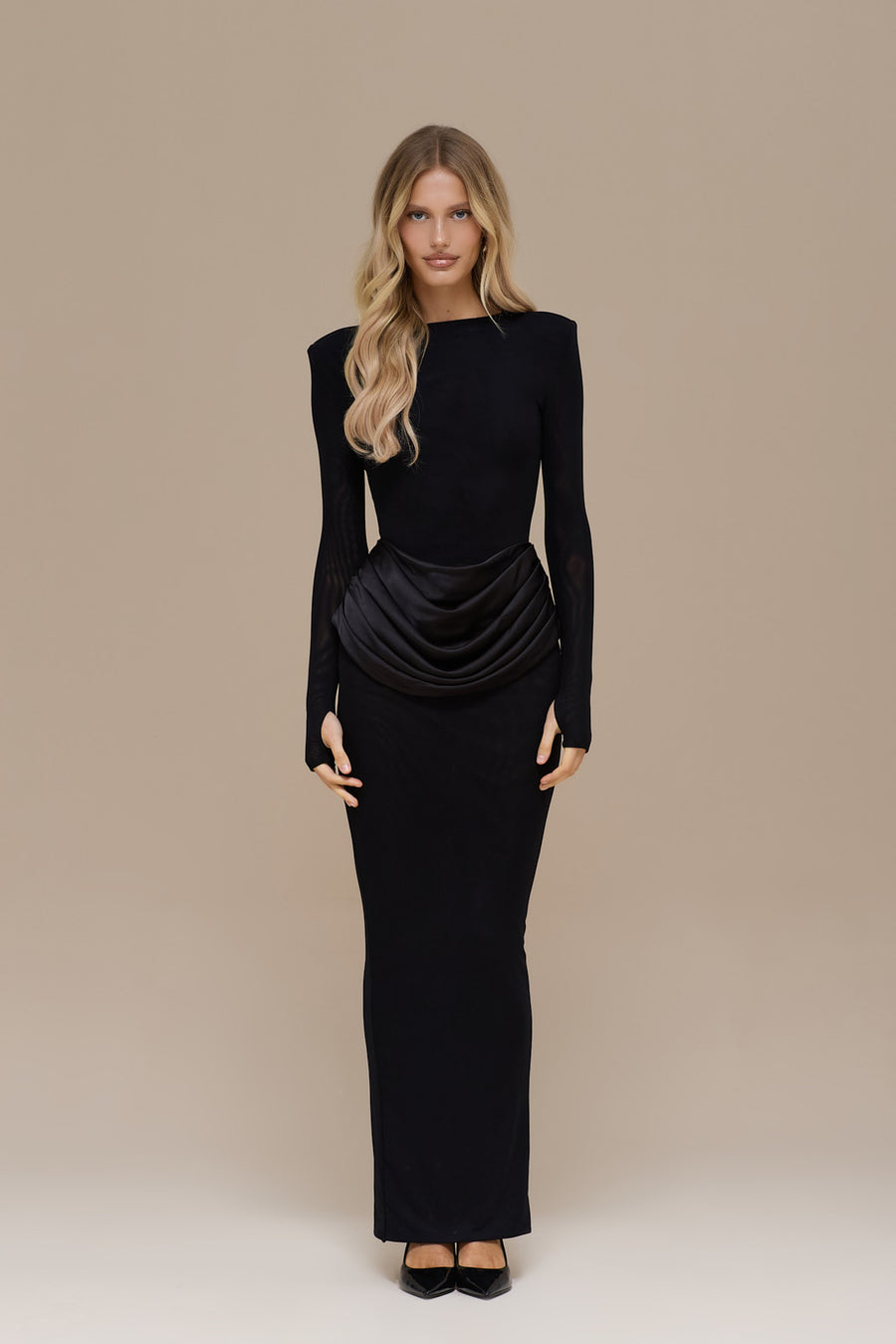 EMAN LONG SLEEVE MAXI DRESS WITH SATIN DRAPED WAIST DETAIL | BLACK