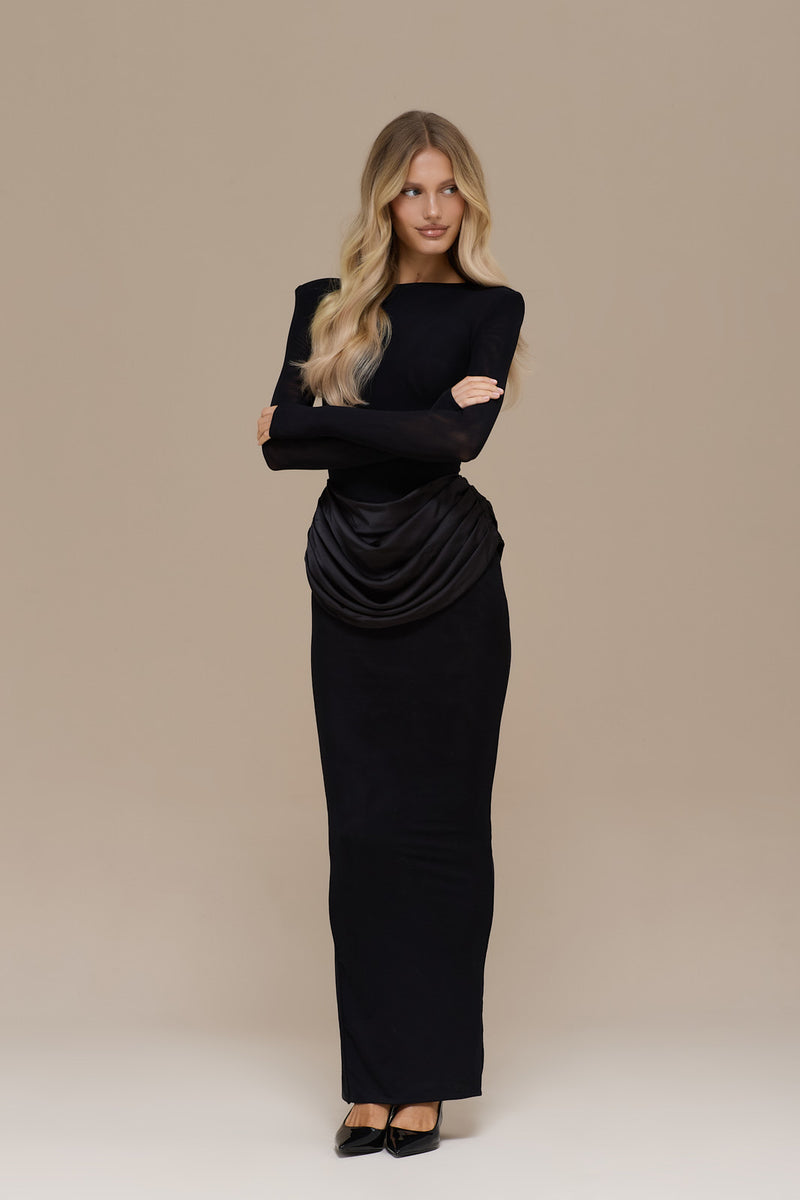 EMAN LONG SLEEVE MAXI DRESS WITH SATIN DRAPED WAIST DETAIL | BLACK