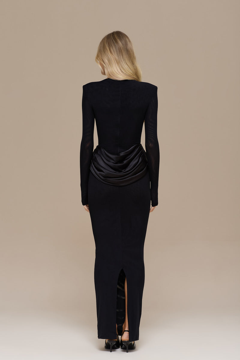EMAN LONG SLEEVE MAXI DRESS WITH SATIN DRAPED WAIST DETAIL | BLACK
