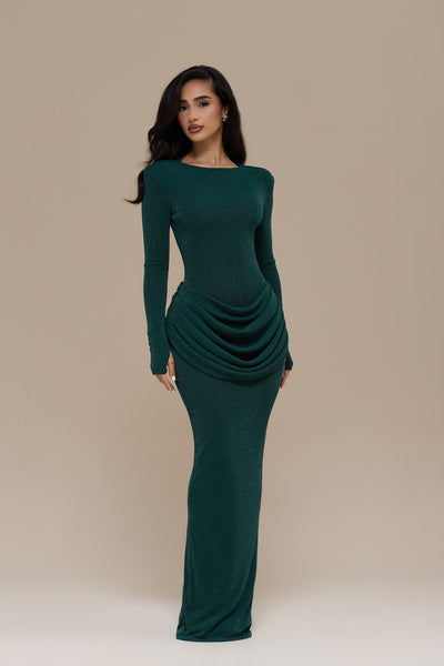 EMAN LONG SLEEVE MAXI DRESS | EMERALD GLITTER