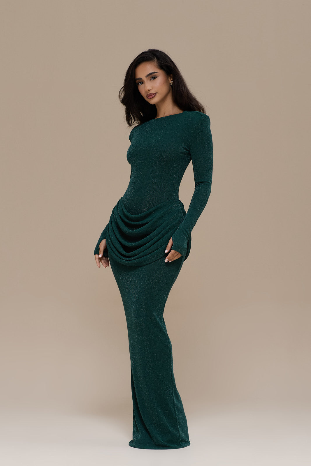 EMAN LONG SLEEVE MAXI DRESS WITH SATIN DRAPED WAIST DETAIL | EMERALD G Wander Doll EMAN LONG SLEEVE MAXI DRESS WITH SATIN DRAPED WAIST DETAIL | EMERALD G Wander Doll