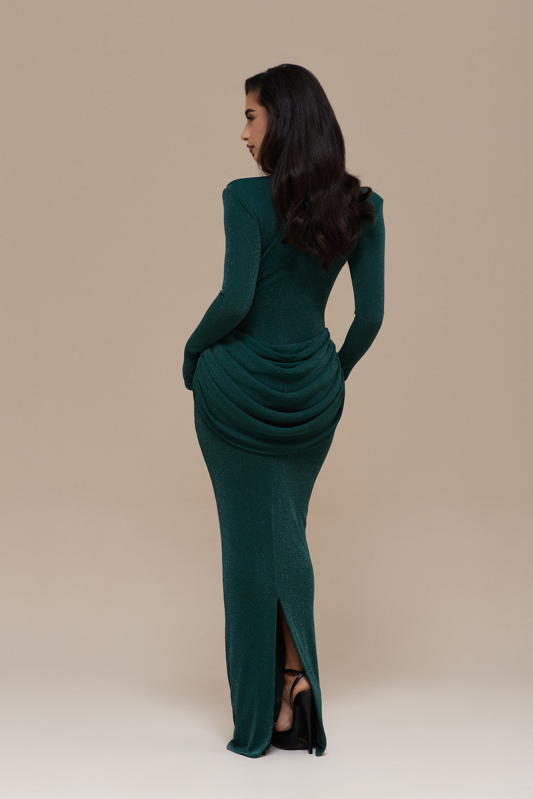 EMAN LONG SLEEVE MAXI DRESS WITH SATIN DRAPED WAIST DETAIL | EMERALD GLITTER