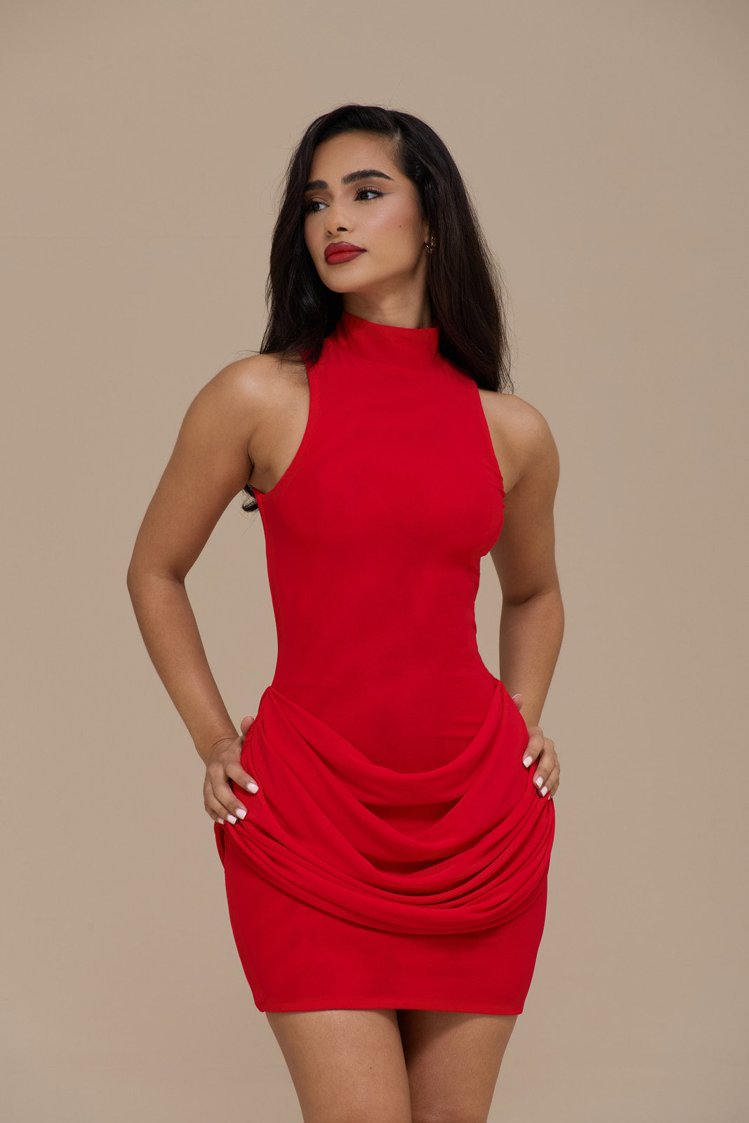 EMILY MINI DRESS WITH DRAPED RUCHED DETAIL | RED