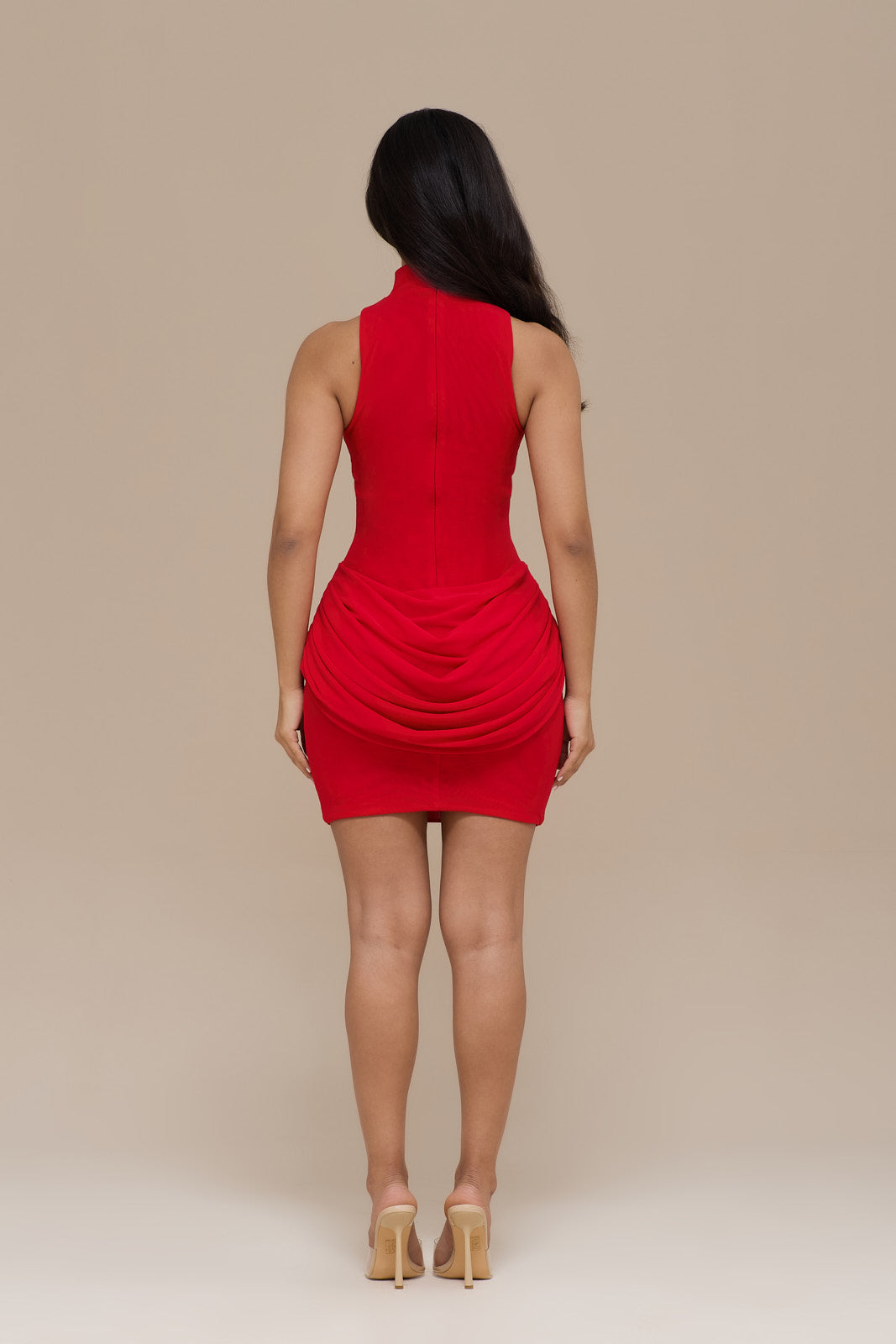 EMILY MINI DRESS WITH DRAPED RUCHED DETAIL | RED