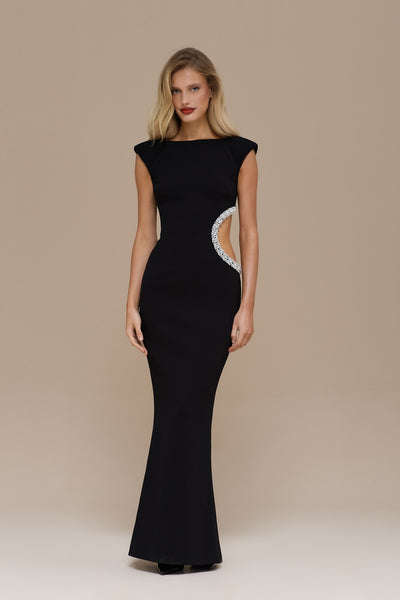 CINDY CRYSTAL CUT OUT MAXI DRESS | BLACK