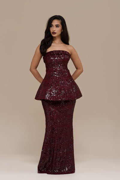 SCARLETT BANDEAU TOP | WINE SEQUIN