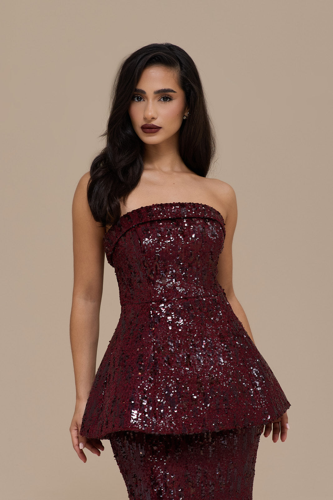 SCARLETT BANDEAU TOP | WINE SEQUIN