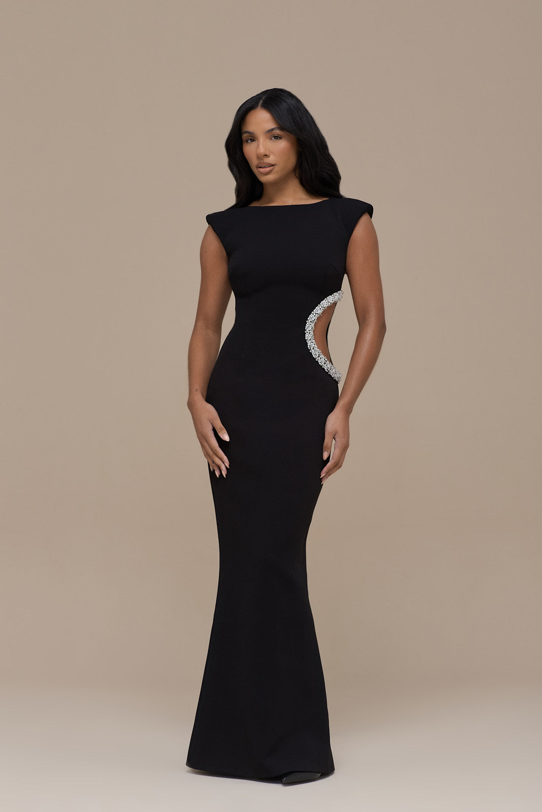 CINDY CRYSTAL CUT OUT MAXI DRESS | BLACK