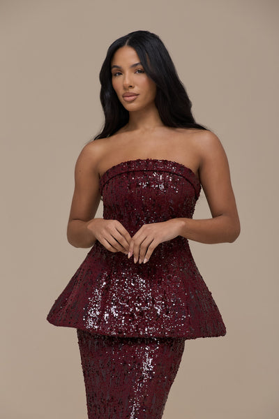 SCARLETT BANDEAU TOP | WINE SEQUIN