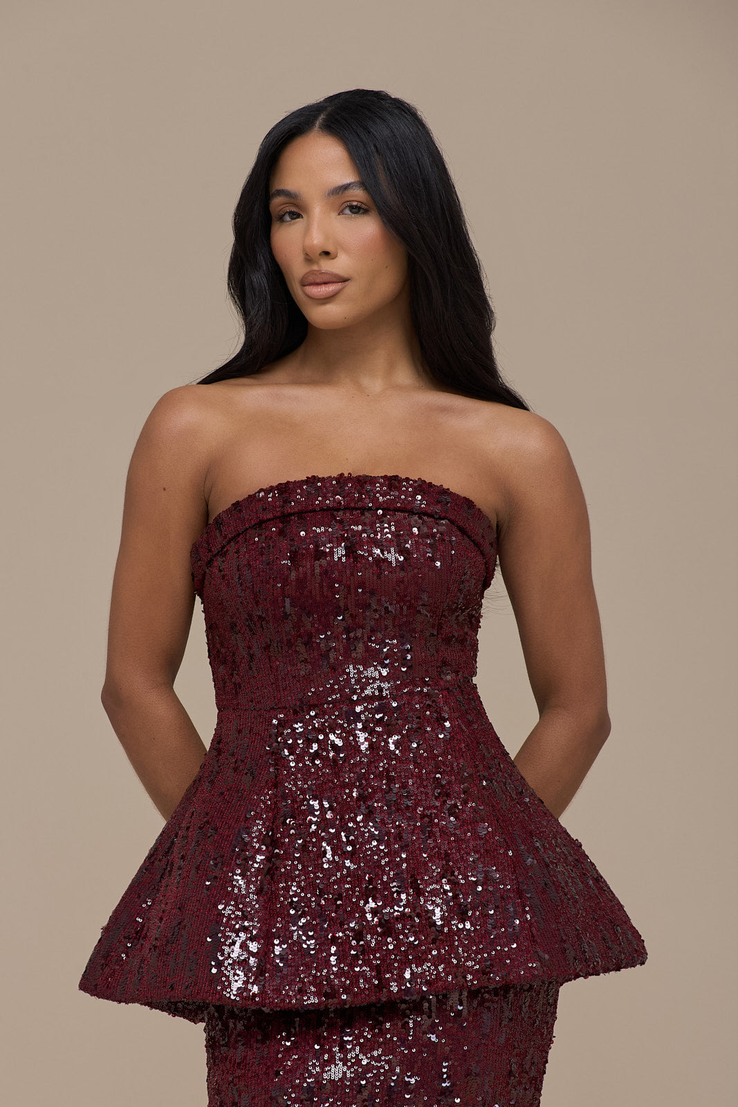 SCARLETT BANDEAU TOP | WINE SEQUIN