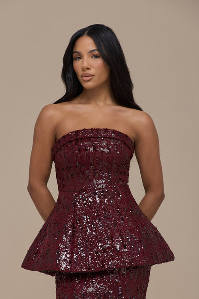 SCARLETT BANDEAU TOP | WINE SEQUIN