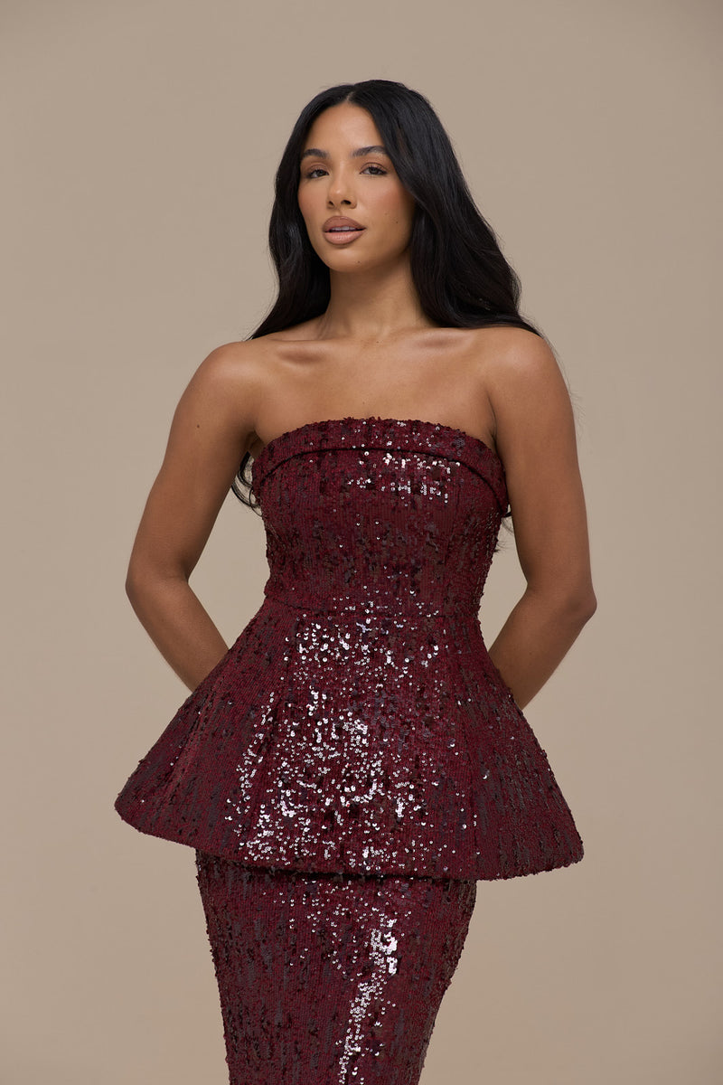 SCARLETT BANDEAU TOP | WINE SEQUIN