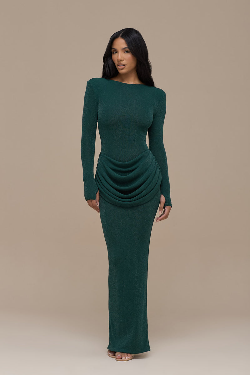 EMAN LONG SLEEVE MAXI DRESS WITH SATIN DRAPED WAIST DETAIL | EMERALD GLITTER