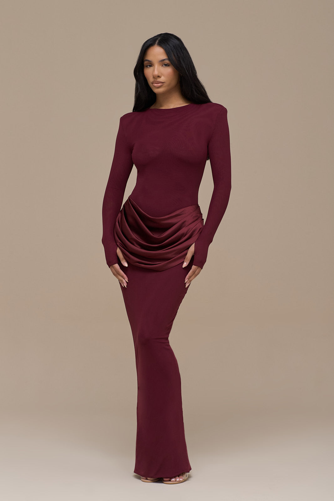 long sleeve wine dress Elegant Red Velvet Sleeves Party Dress, A-line Wine Red Prom Gathered detailing Jeanette Stretch Knit Long Sleeve