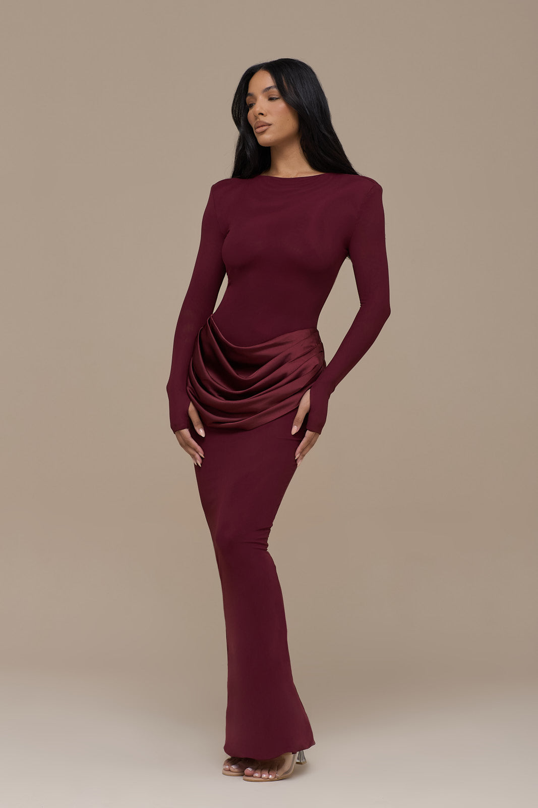 EMAN LONG SLEEVE MAXI DRESS WITH SATIN DRAPED WAIST DETAIL