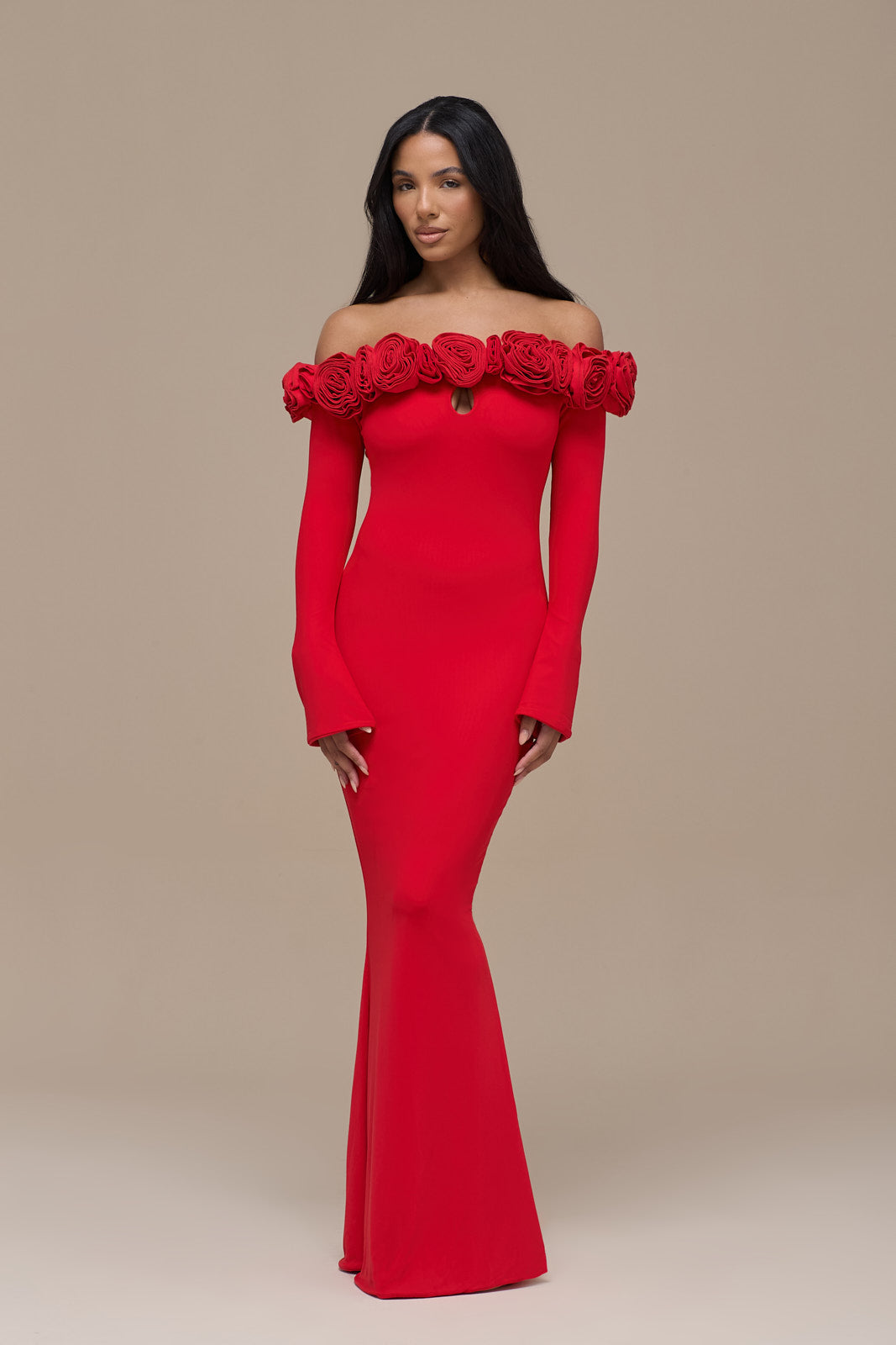 AINSLEIGH BARDOT ROSE MAXI DRESS | RED