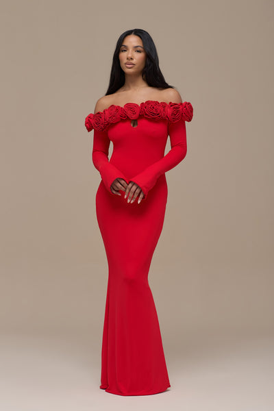 AINSLEIGH BARDOT ROSE MAXI DRESS | RED