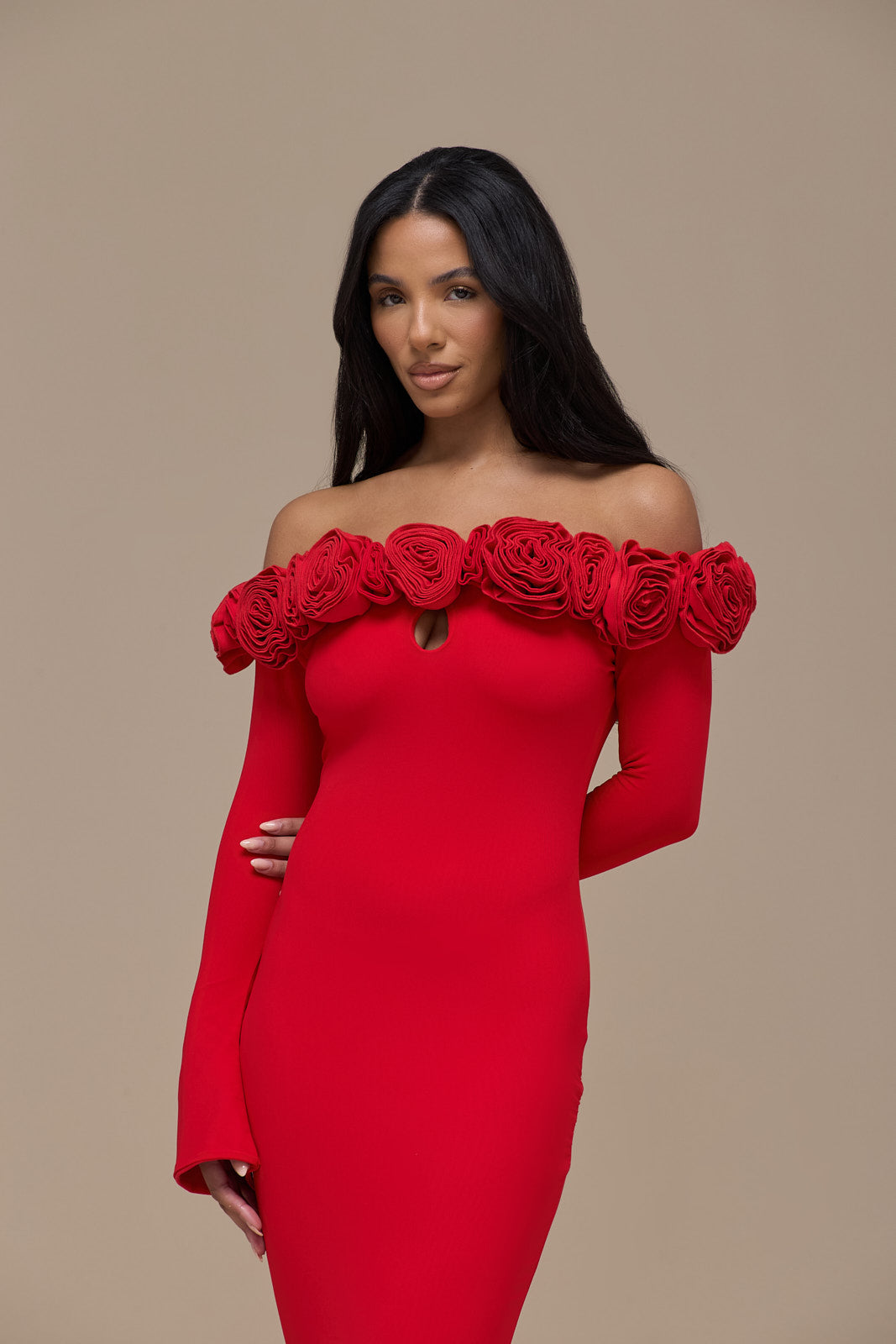 AINSLEIGH BARDOT ROSE MAXI DRESS | RED