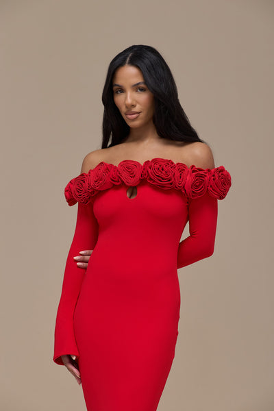AINSLEIGH BARDOT ROSE MAXI DRESS | RED