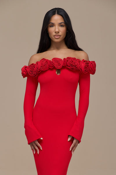 AINSLEIGH BARDOT ROSE MAXI DRESS | RED