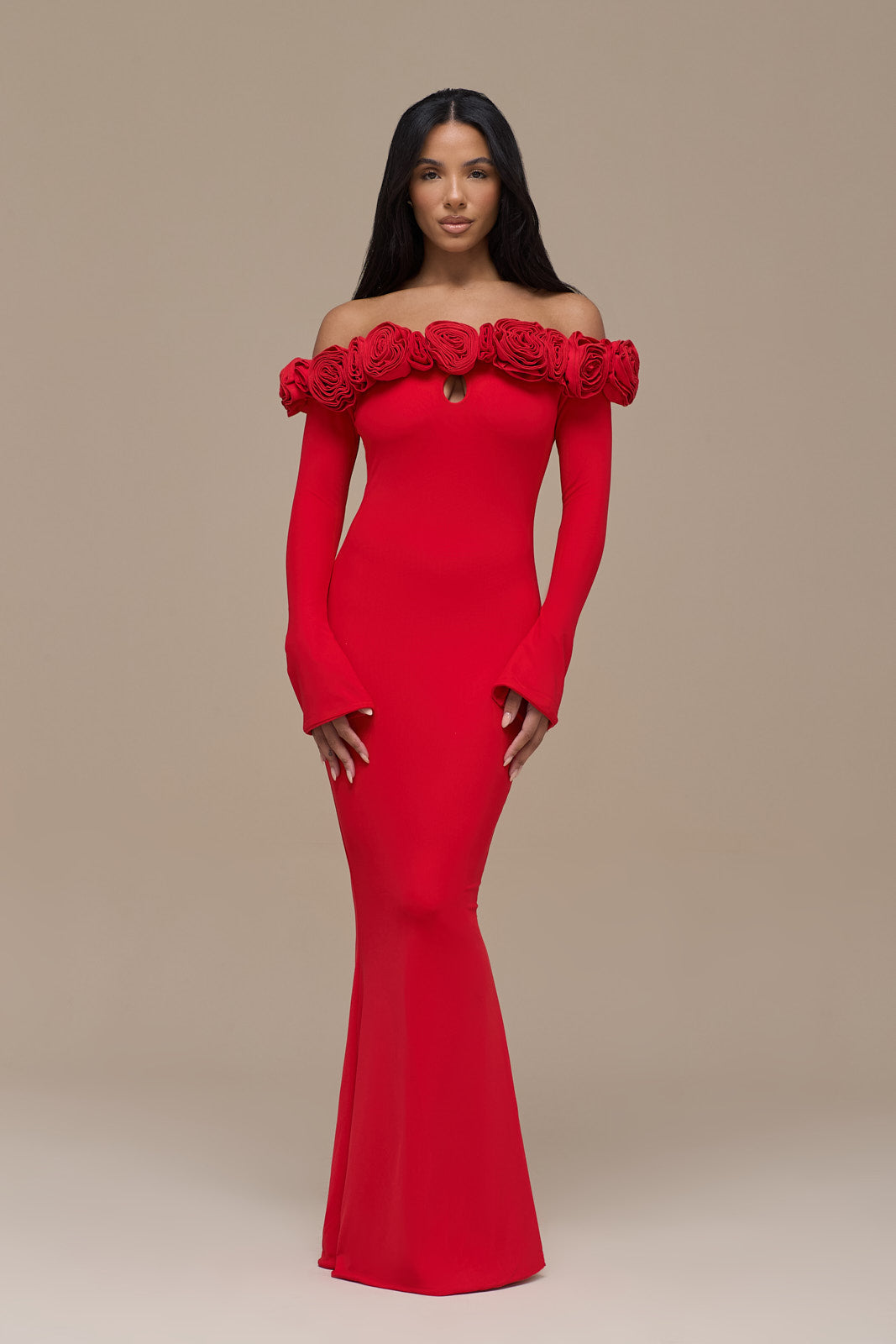 AINSLEIGH BARDOT ROSE MAXI DRESS | RED