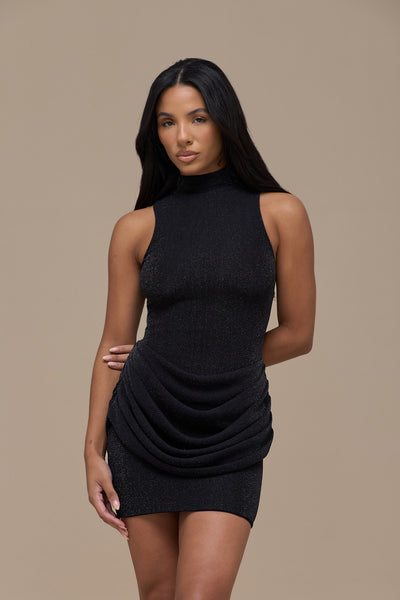 MARGOT HALTER NECK MINI DRESS | BLACK GLITTER